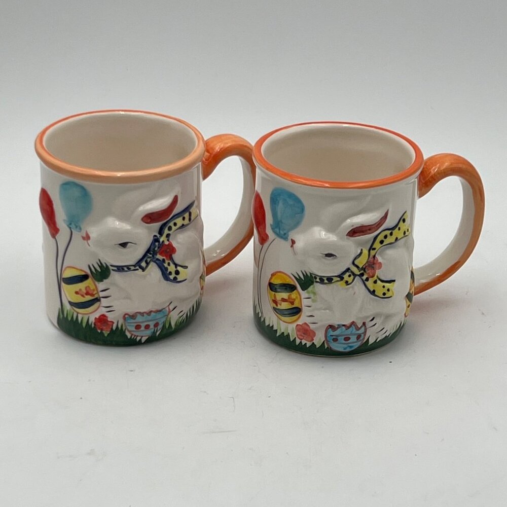 Set Of 2 Ceramic Easter Bunny Mugs Balloon EggOrange Rim & Handle Hand-Painted